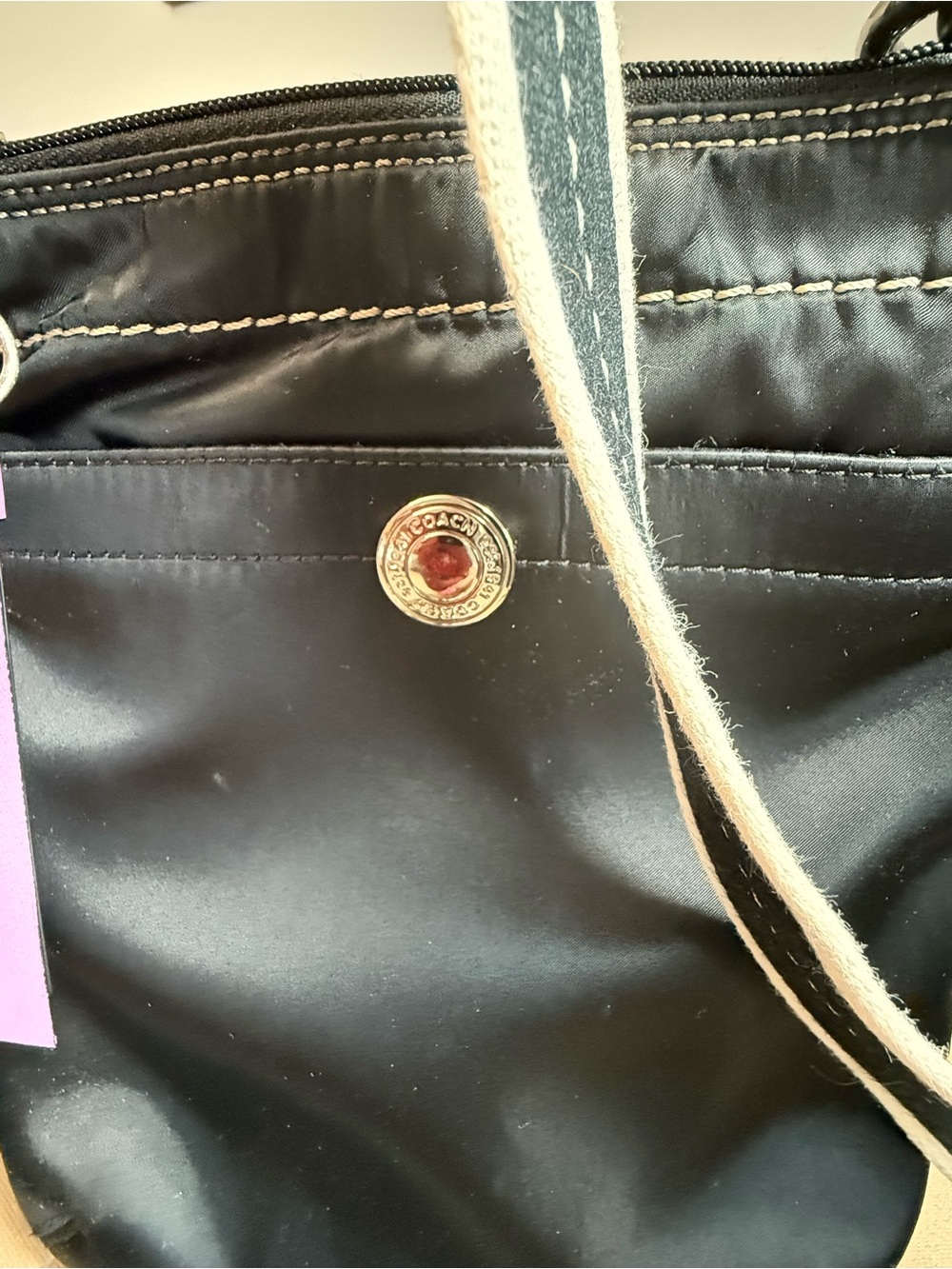 Coach Black Crossbody Bag with White-Trim Strap and Lavender lining. - Picture 5 of 9